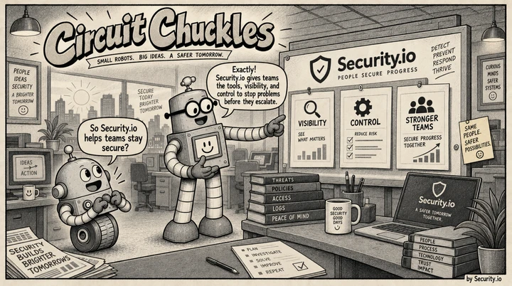 Circuit Chuckles illustration of two robots in a Security.io workshop beside boards for visibility, control and stronger teams.