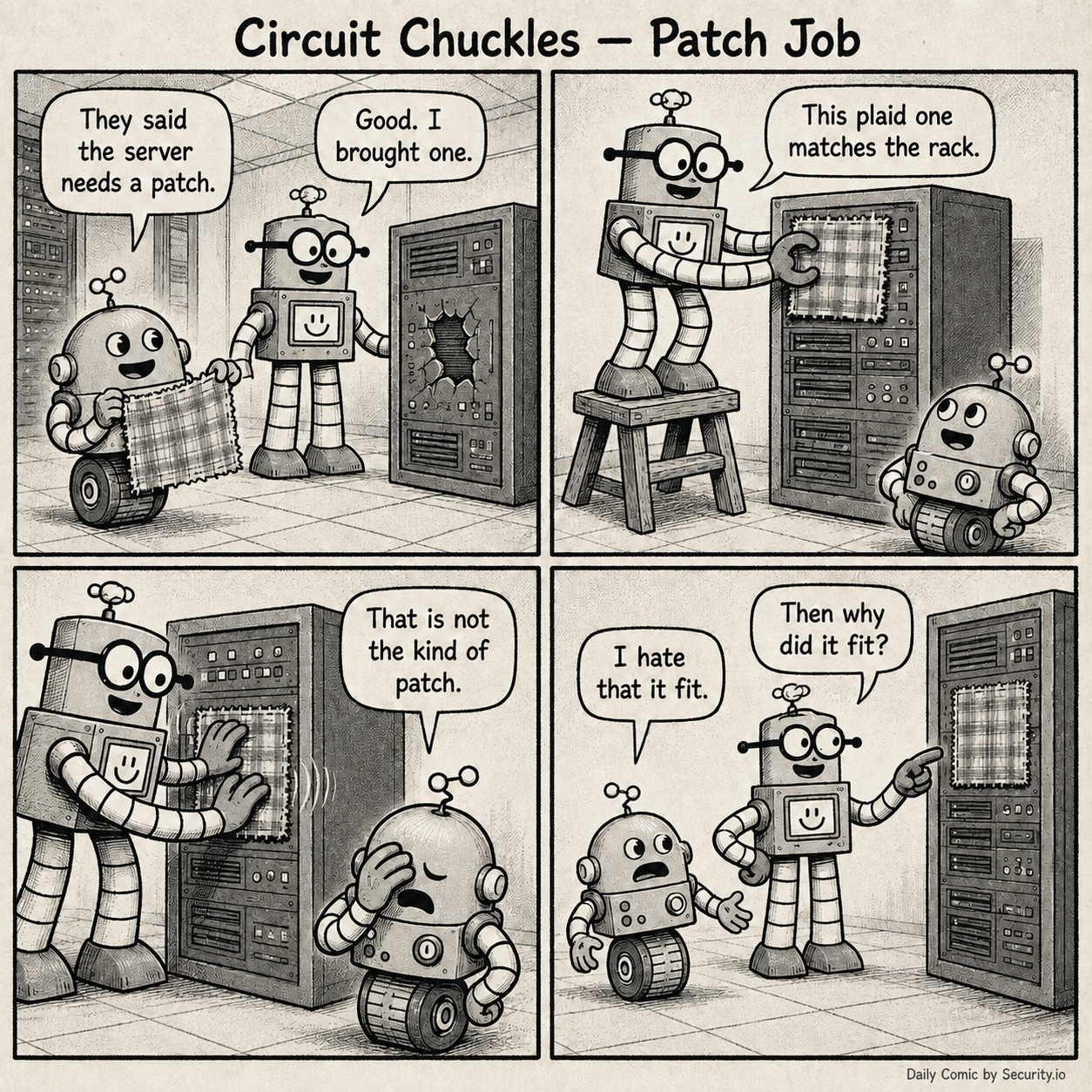 In a four-panel black-and-white newspaper comic set in a server room, Glitch brings a plaid fabric patch, Rusty climbs a stool and attaches it to a damaged server rack, and Glitch reacts with a facepalm when the patch unexpectedly fits.