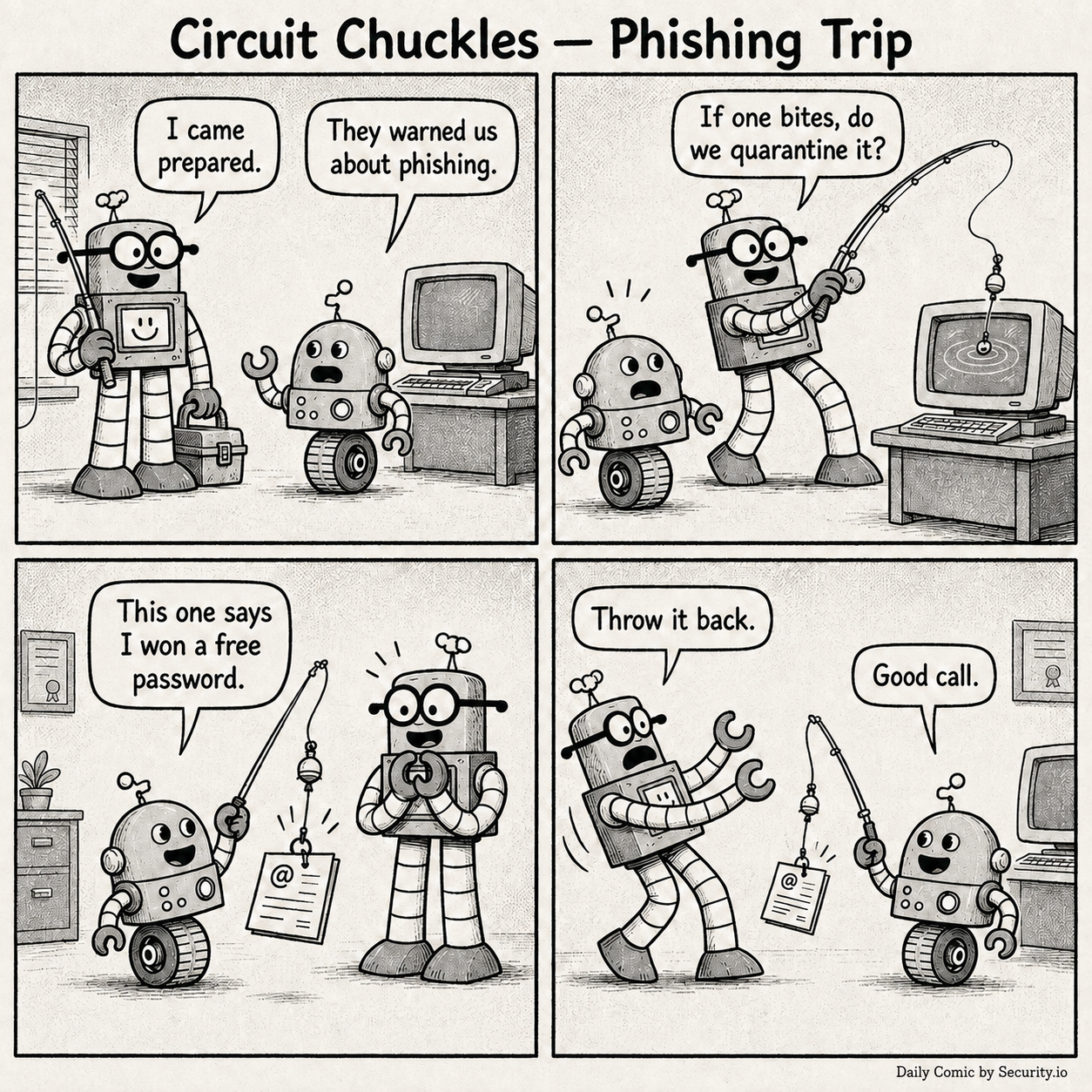In a four-panel black-and-white newspaper comic, Rusty arrives with fishing gear beside a CRT terminal, casts a line into the monitor, Glitch reels in a suspicious message promising a free password, and Rusty tells Glitch to throw it back.