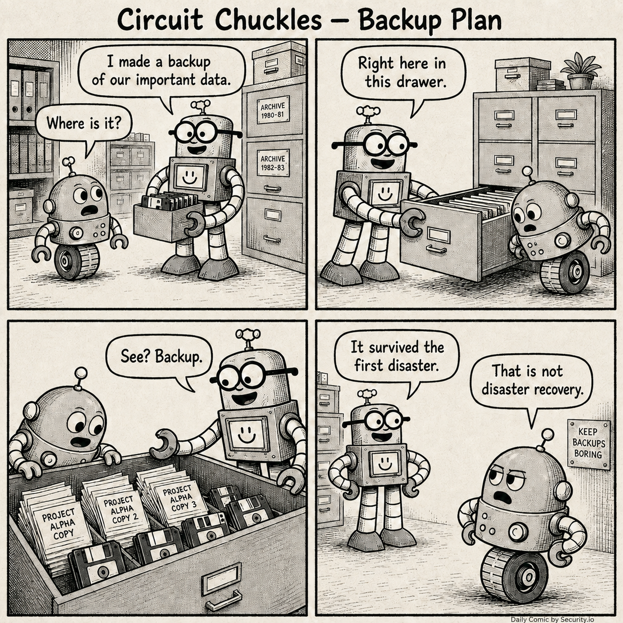 In a four-panel black-and-white newspaper comic set in a records room, Rusty carries a box of disks, opens a packed filing drawer of backup copies, points proudly after Glitch spills something into it, and claims the data survived its first disaster.
