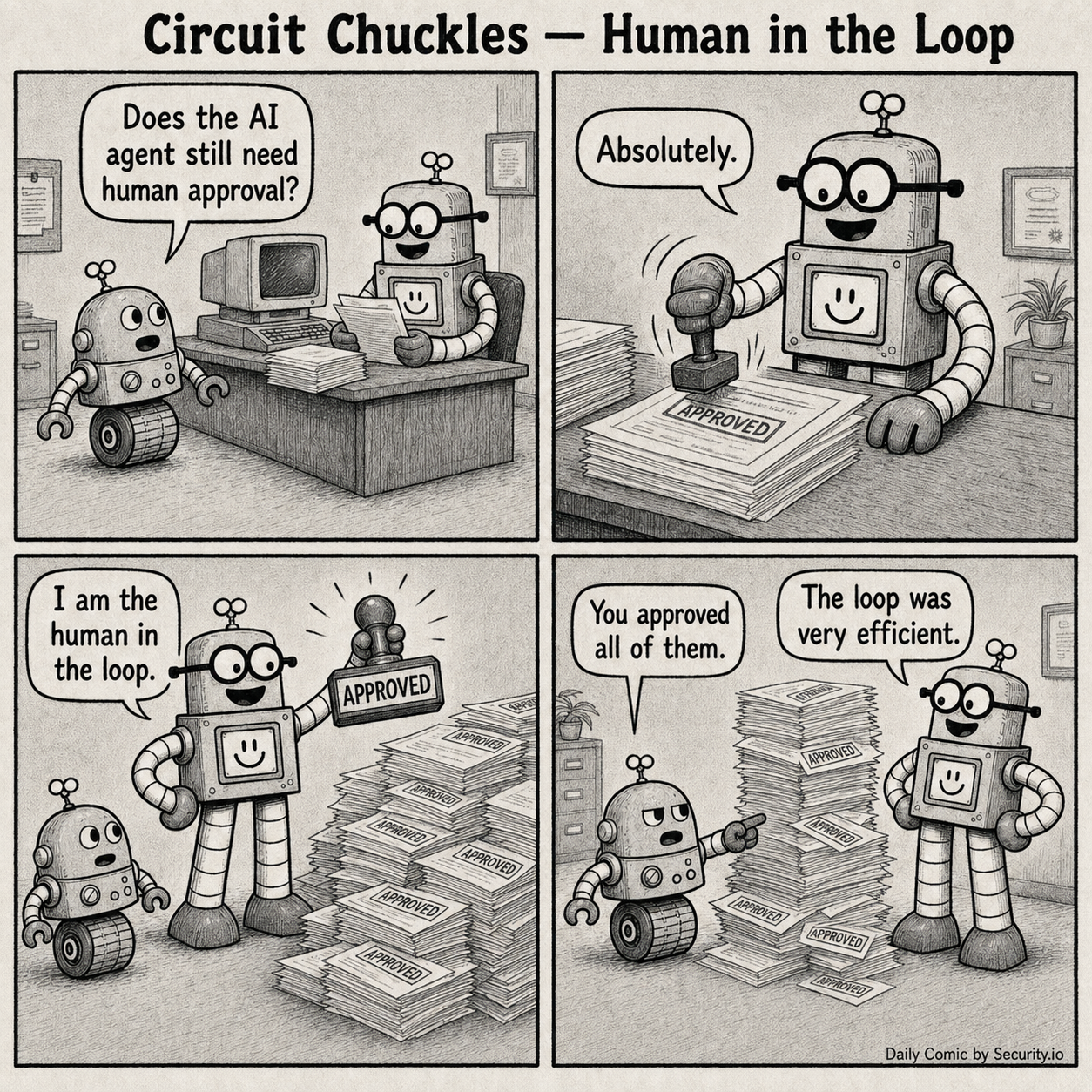 In a four-panel black-and-white newspaper comic, Glitch asks whether an AI agent still needs human approval while Rusty rapidly stamps a growing stack of forms APPROVED and proudly calls himself the human in the loop.