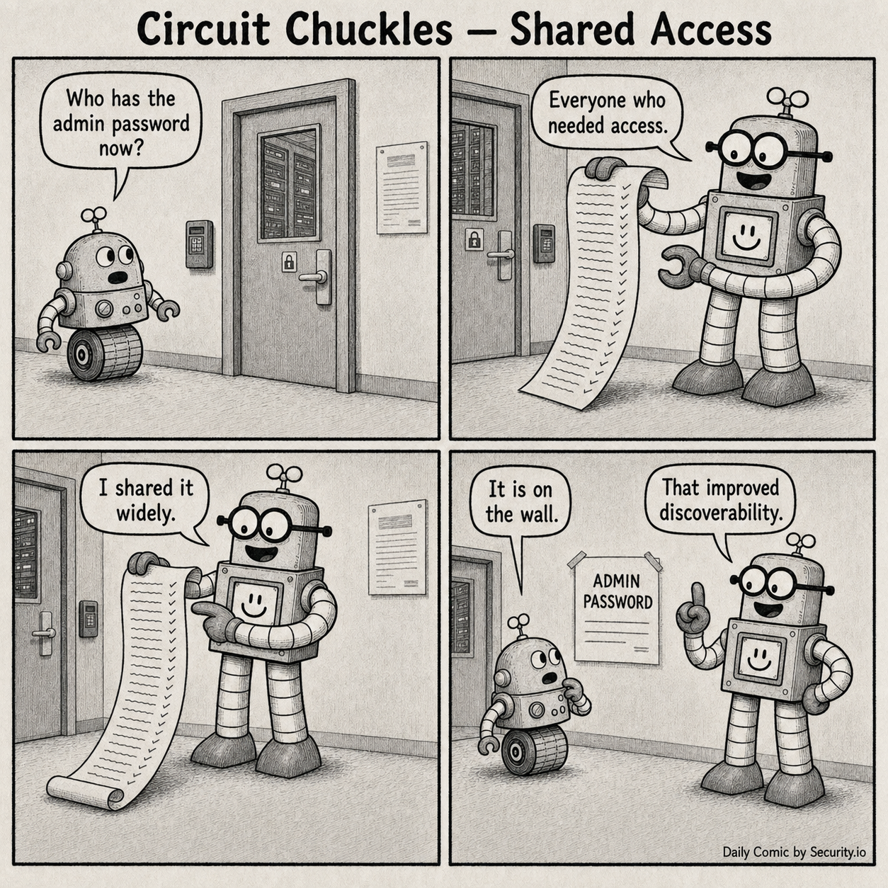 In a four-panel black-and-white newspaper comic outside a server room, Rusty displays a long list of people with admin access and posts the admin password on the wall while Glitch reacts in disbelief.