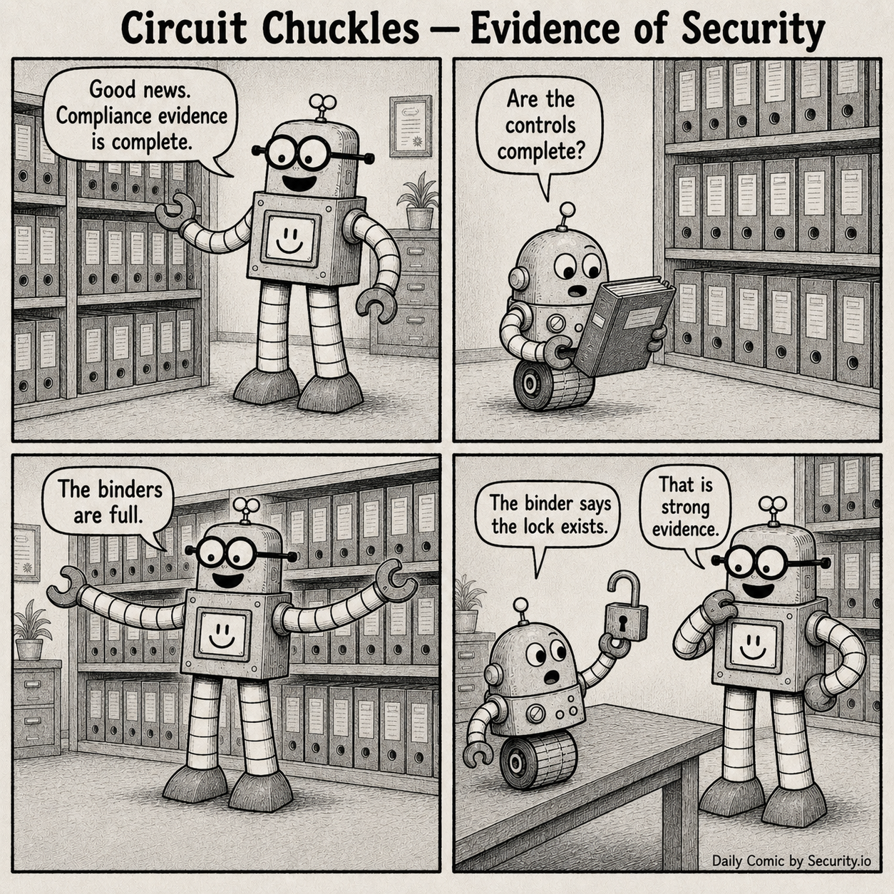 In a four-panel black-and-white newspaper comic in a records room, Rusty celebrates shelves full of compliance binders while Glitch holds up a lock and points out that the binder only says the control exists.
