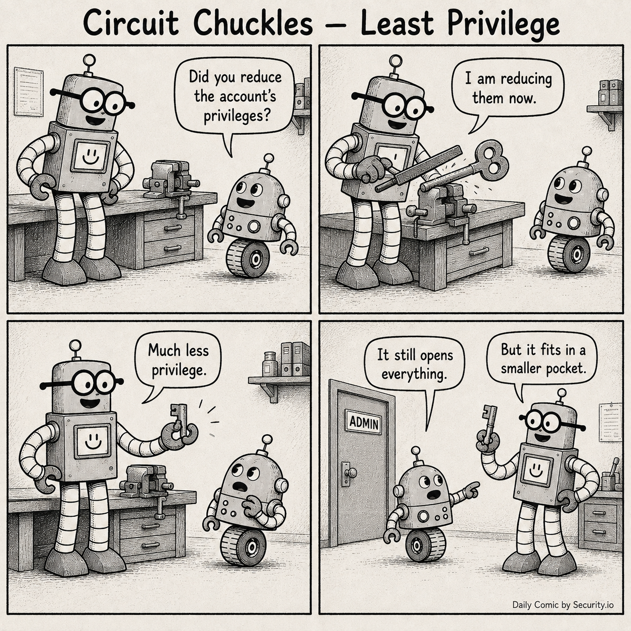 In a four-panel black-and-white newspaper comic, Glitch asks whether the account's privileges were reduced while Rusty proudly files down a physical ADMIN key and insists it is much less privilege even though it still opens everything.