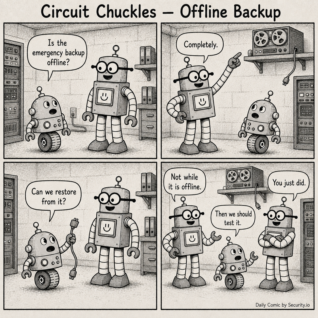 In a four-panel black-and-white newspaper comic, Glitch asks whether an incident was escalated while Rusty literally carries the INCIDENT folder up the stairs and announces that it is one level higher.