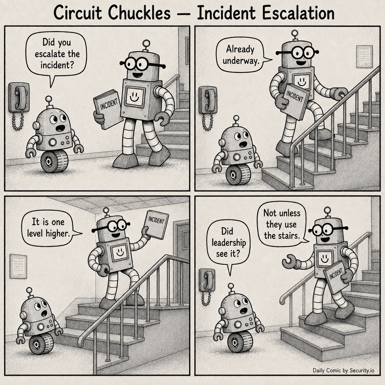 In a four-panel black-and-white newspaper comic, Glitch asks who is responsible for the cloud server while Rusty shares an umbrella with Glitch and leaves the server soaking in the rain.