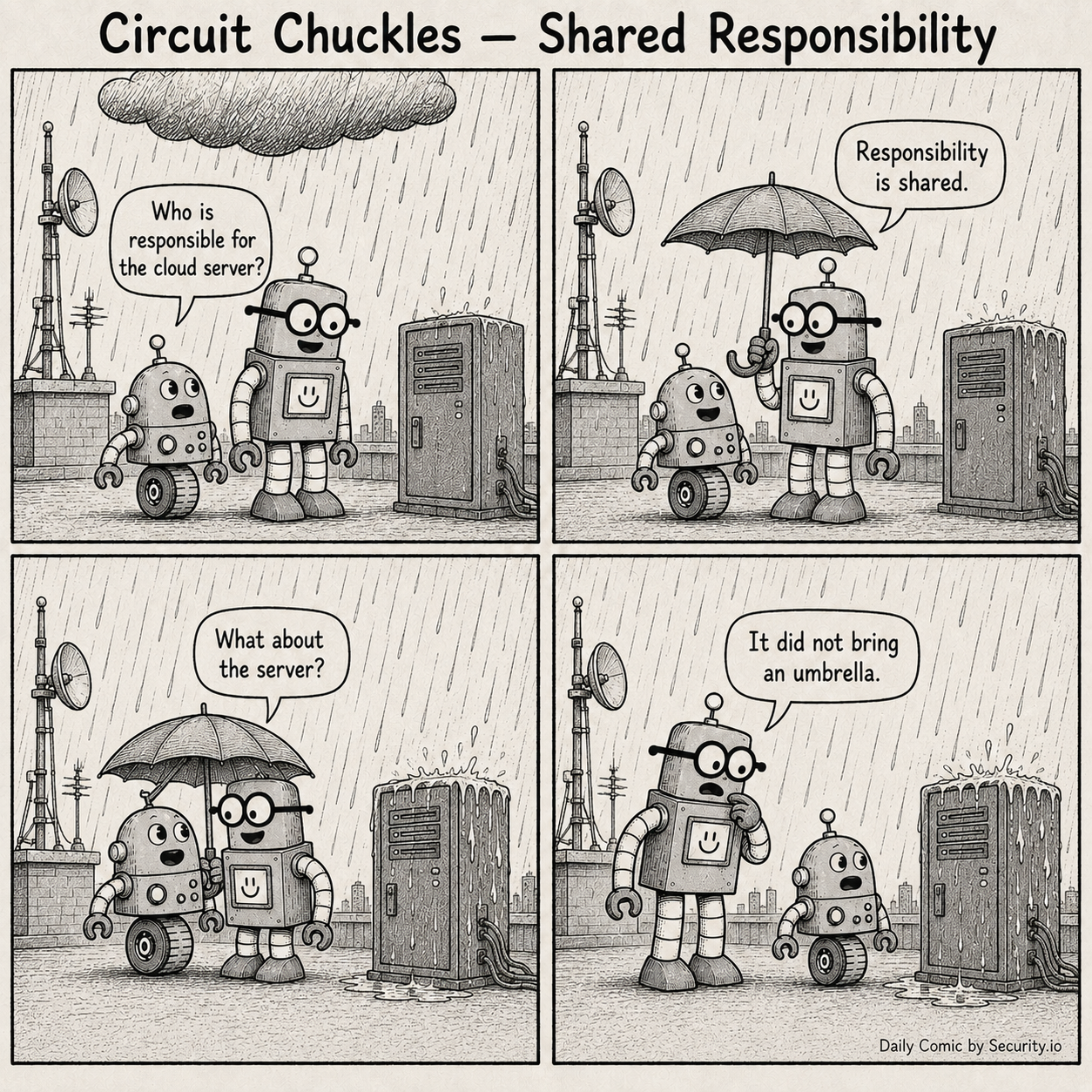 In a four-panel black-and-white newspaper comic, Glitch confirms that the emergency backup is offline while Rusty proudly points to an unplugged tape drive and then treats the failure to restore from it as proof that it was tested.