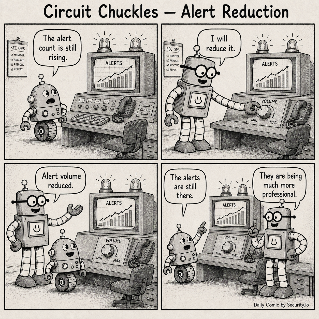 In a four-panel black-and-white newspaper comic, Glitch warns that the alert count is still rising while Rusty turns down a volume knob and proudly reports that alert volume has been reduced.