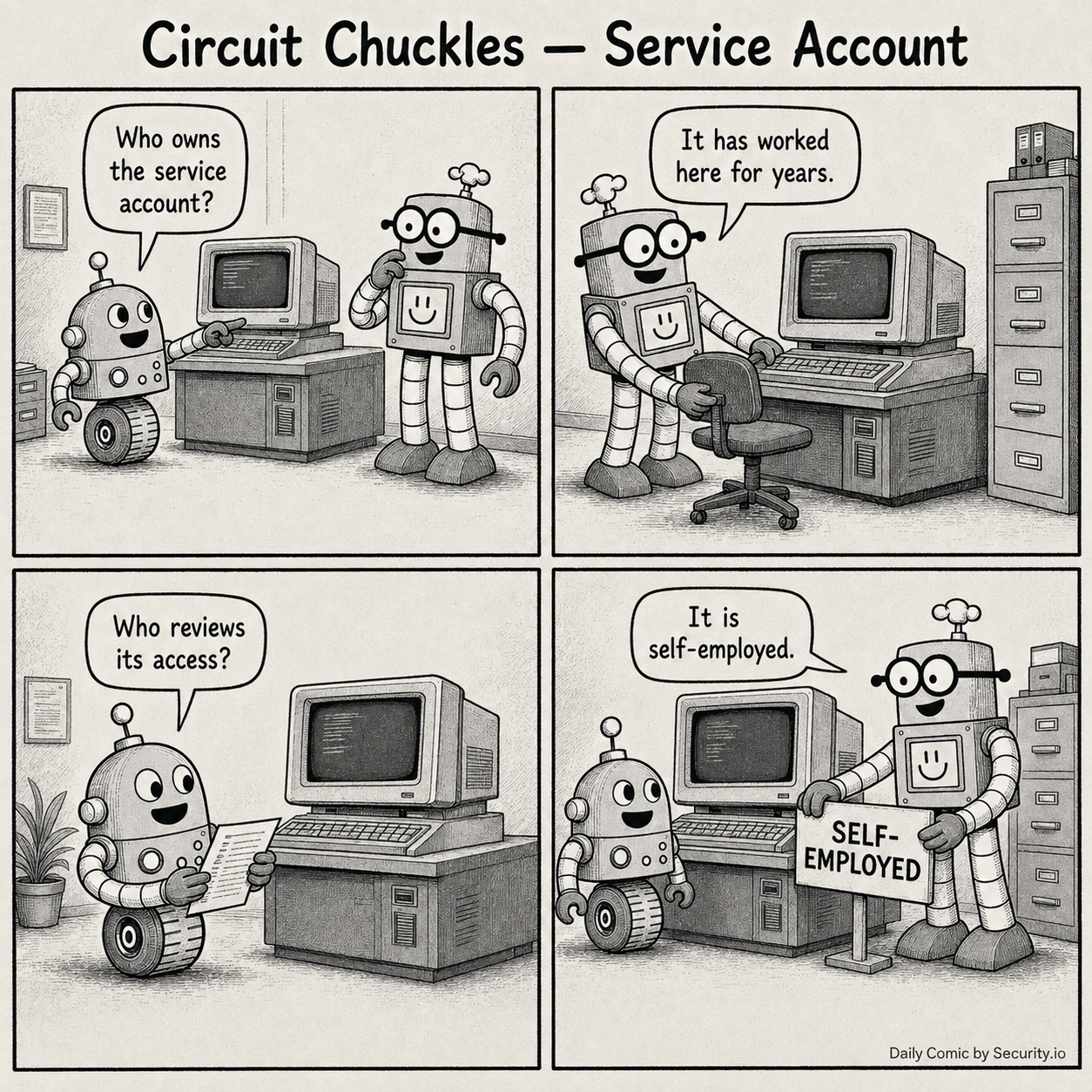 In a four-panel black-and-white newspaper comic, Glitch asks who owns the service account while Rusty wheels an office chair beside an old terminal and concludes that the long-running account is self-employed.