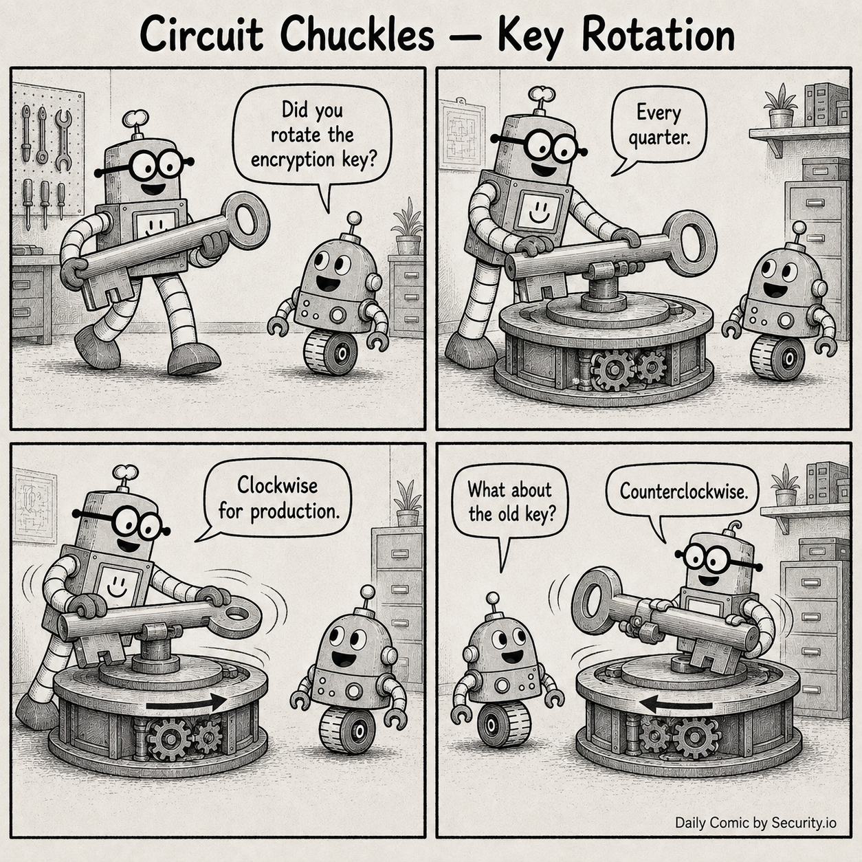 In a four-panel black-and-white newspaper comic, Glitch asks whether the encryption key was rotated while Rusty mounts an oversized key on a turntable and explains that production rotates clockwise and the old key rotates counterclockwise.