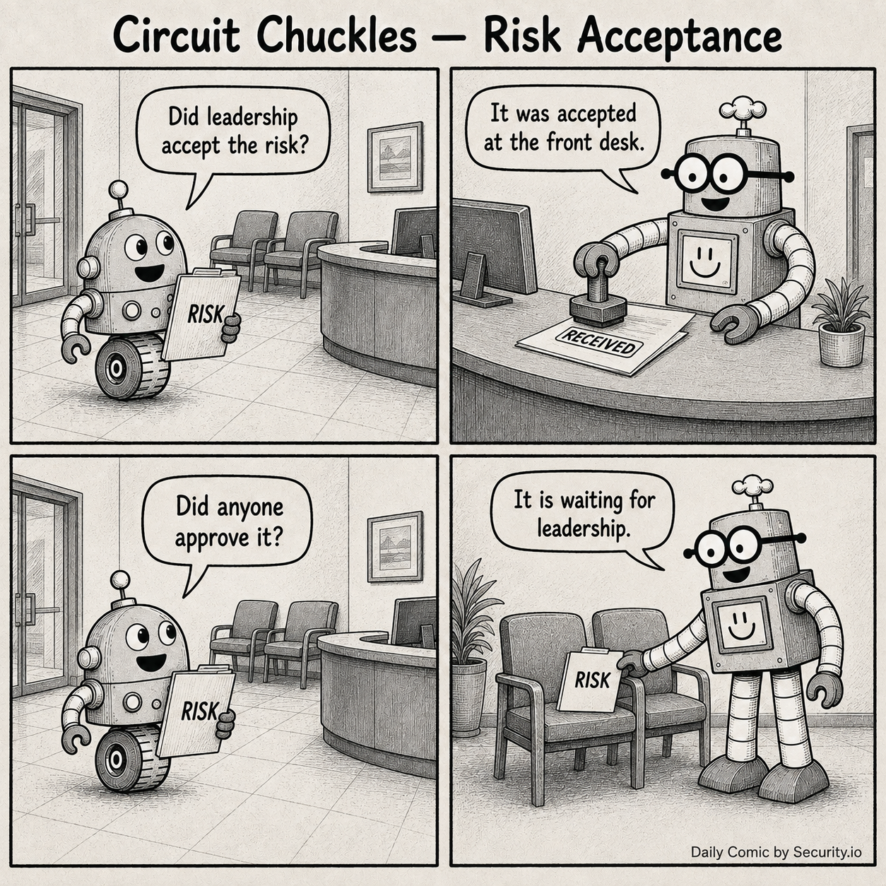In a four-panel black-and-white newspaper comic, Glitch arrives for a tabletop exercise while Rusty literally lifts the conference table and says the incident is heavy, before declaring that the table responded.