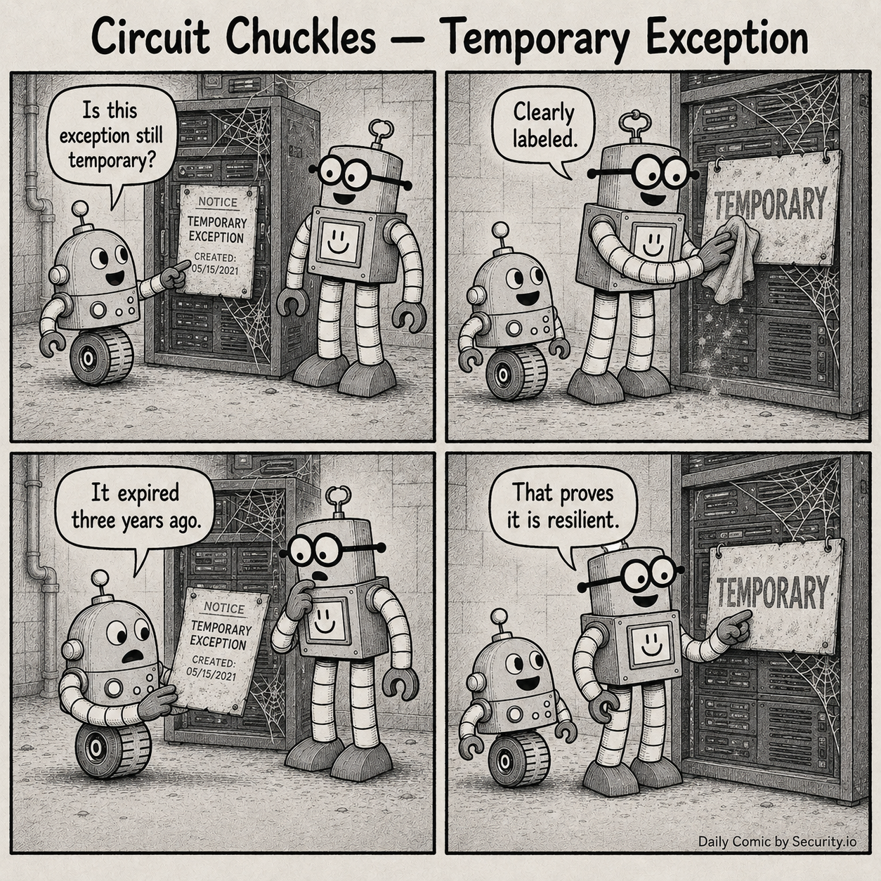 In a four-panel black-and-white newspaper comic, Glitch questions whether an old security exception is still temporary while Rusty dusts off the sign and argues that its age proves resilience.