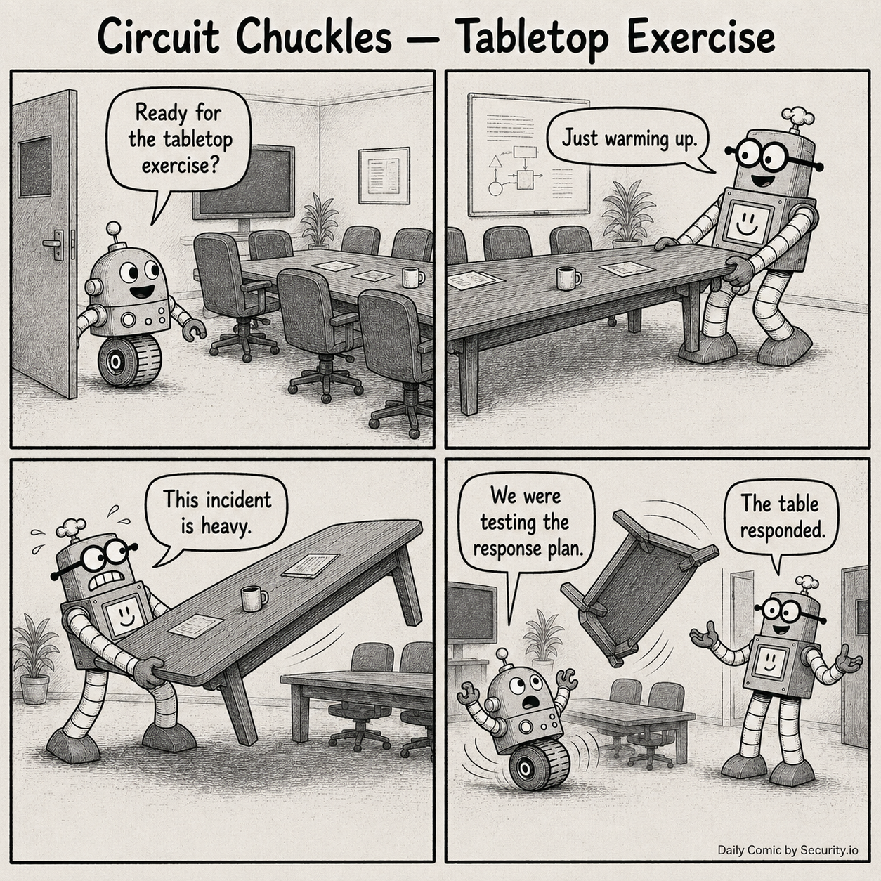 In a four-panel black-and-white newspaper comic, Glitch asks whether leadership accepted a risk while Rusty stamps the file as received at the front desk and then leaves it waiting in the lobby.