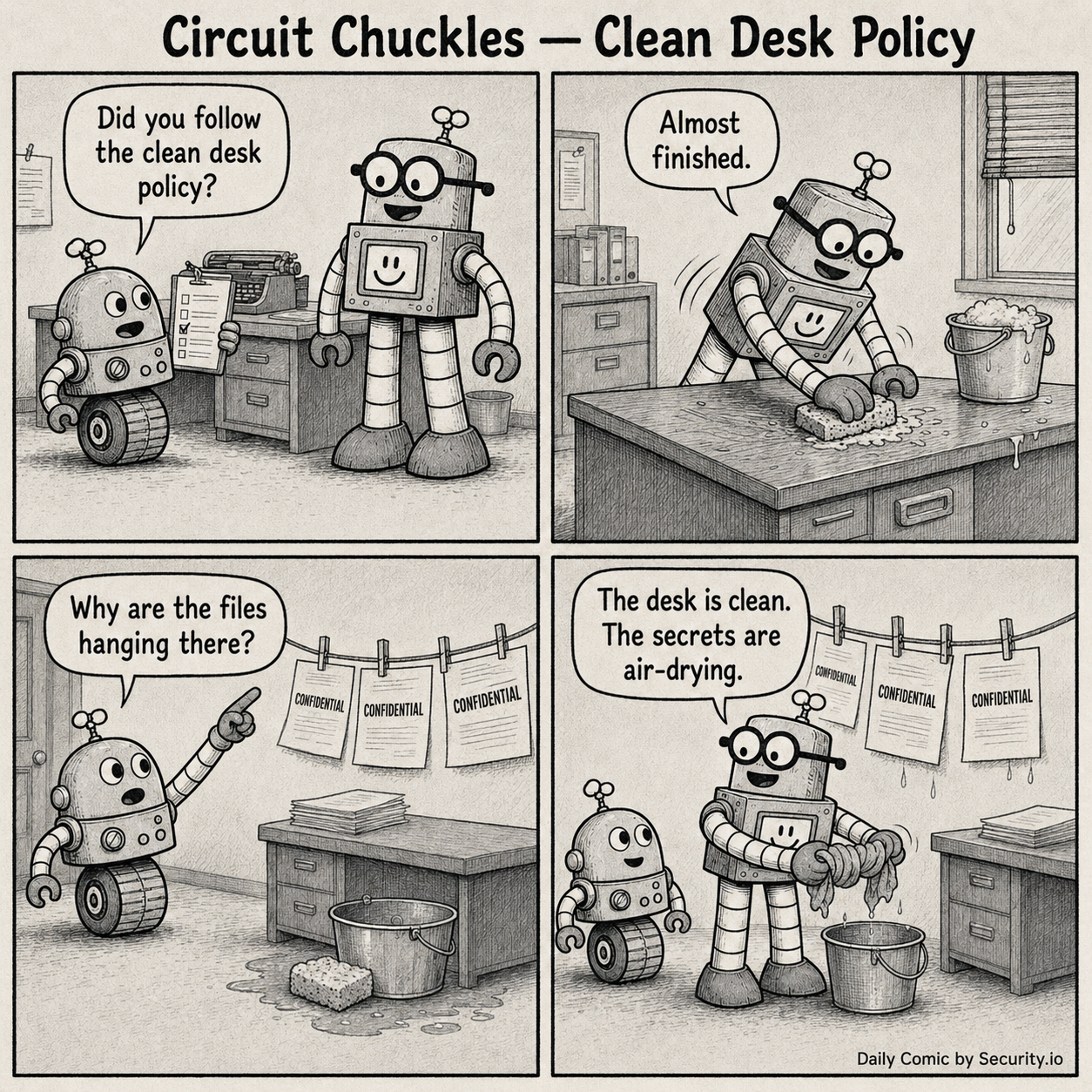In a four-panel black-and-white newspaper comic, Glitch audits a clean desk policy while Rusty washes the desk and leaves confidential papers hanging on a clothesline to dry.