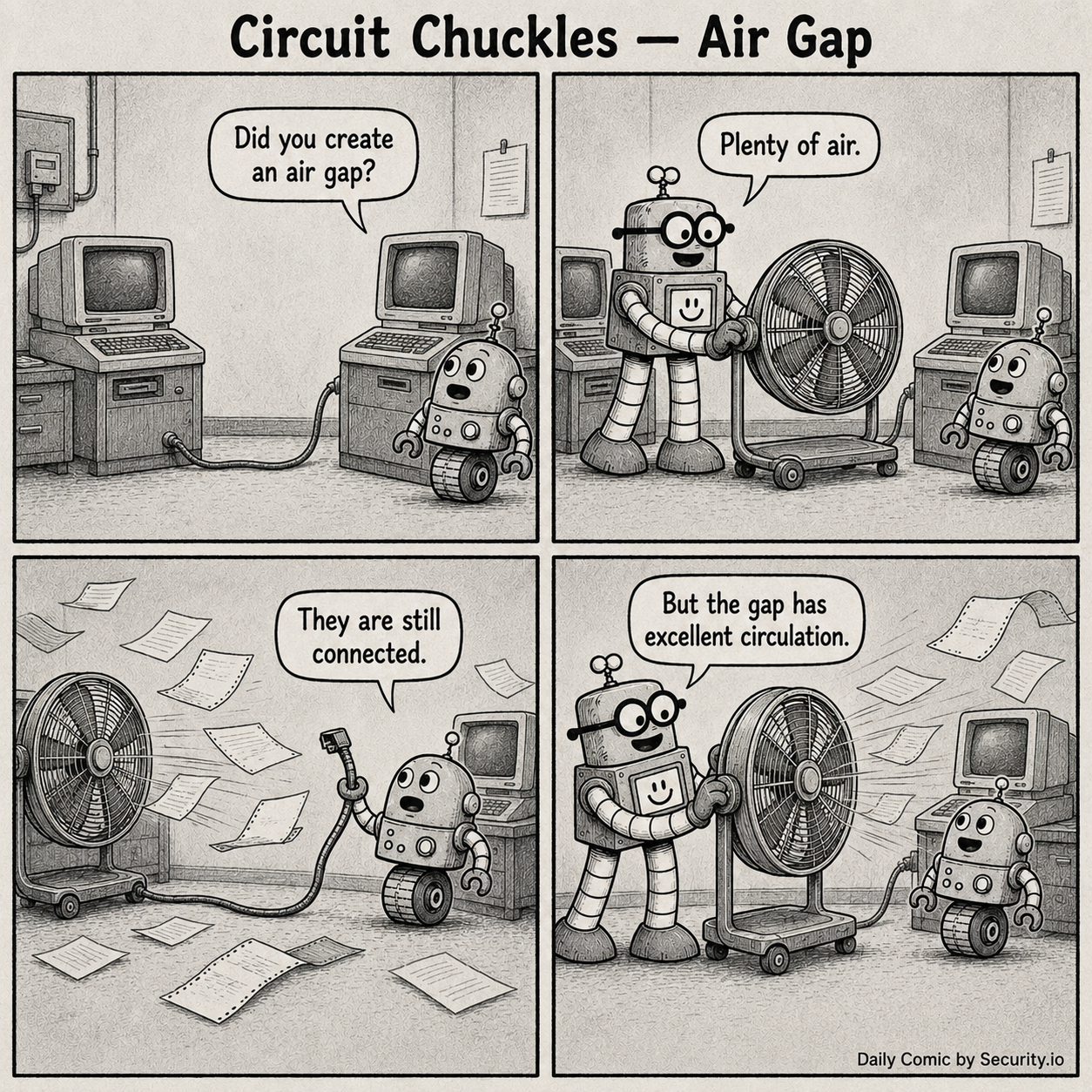 In a four-panel black-and-white newspaper comic, Glitch asks whether an air gap was created while Rusty rolls a huge floor fan between two still-connected CRT terminals.