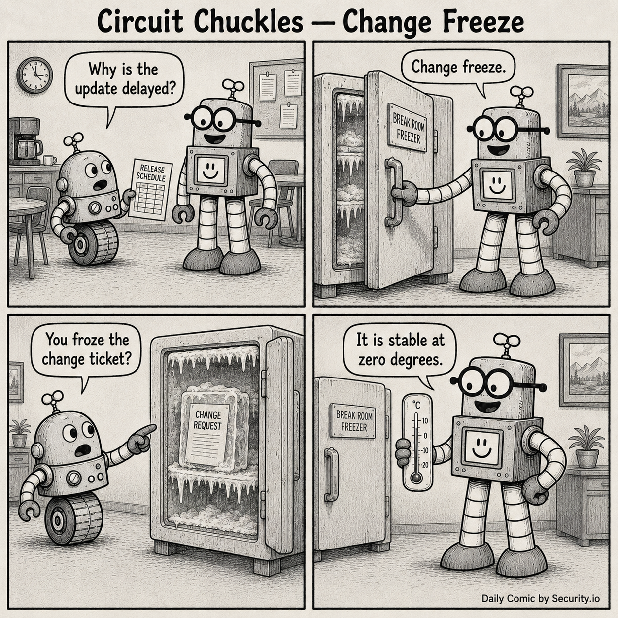 In a four-panel black-and-white newspaper comic, Glitch asks why an update is delayed while Rusty opens a break-room freezer containing an iced change request.
