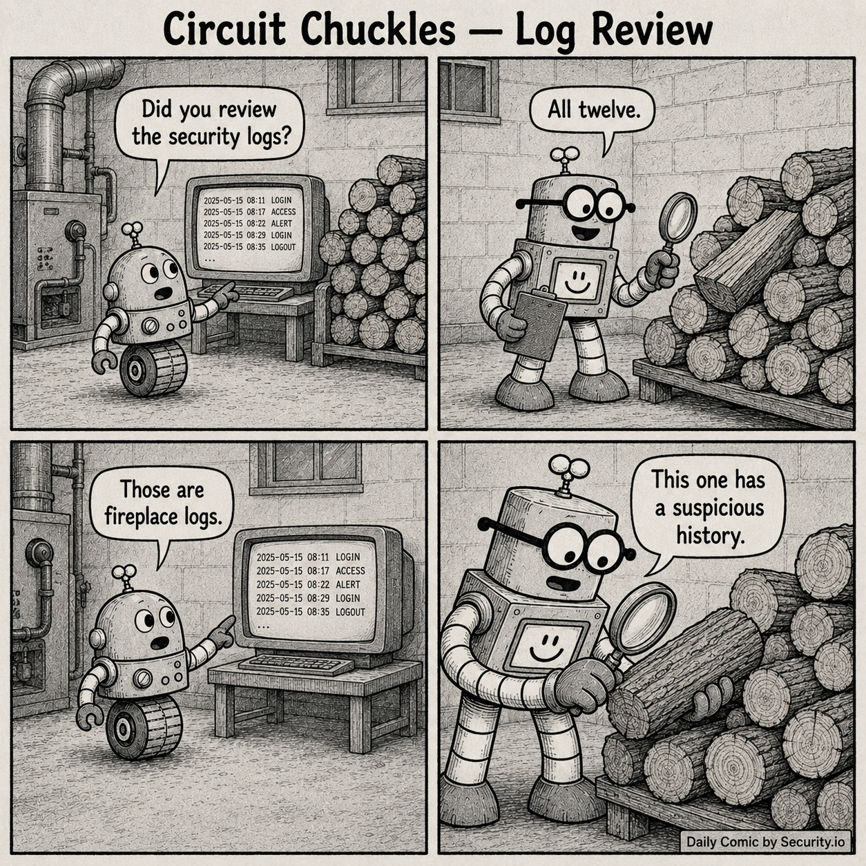 In a four-panel black-and-white newspaper comic, Glitch asks whether the security logs were reviewed while Rusty examines stacked fireplace logs with a magnifying glass in a furnace room.