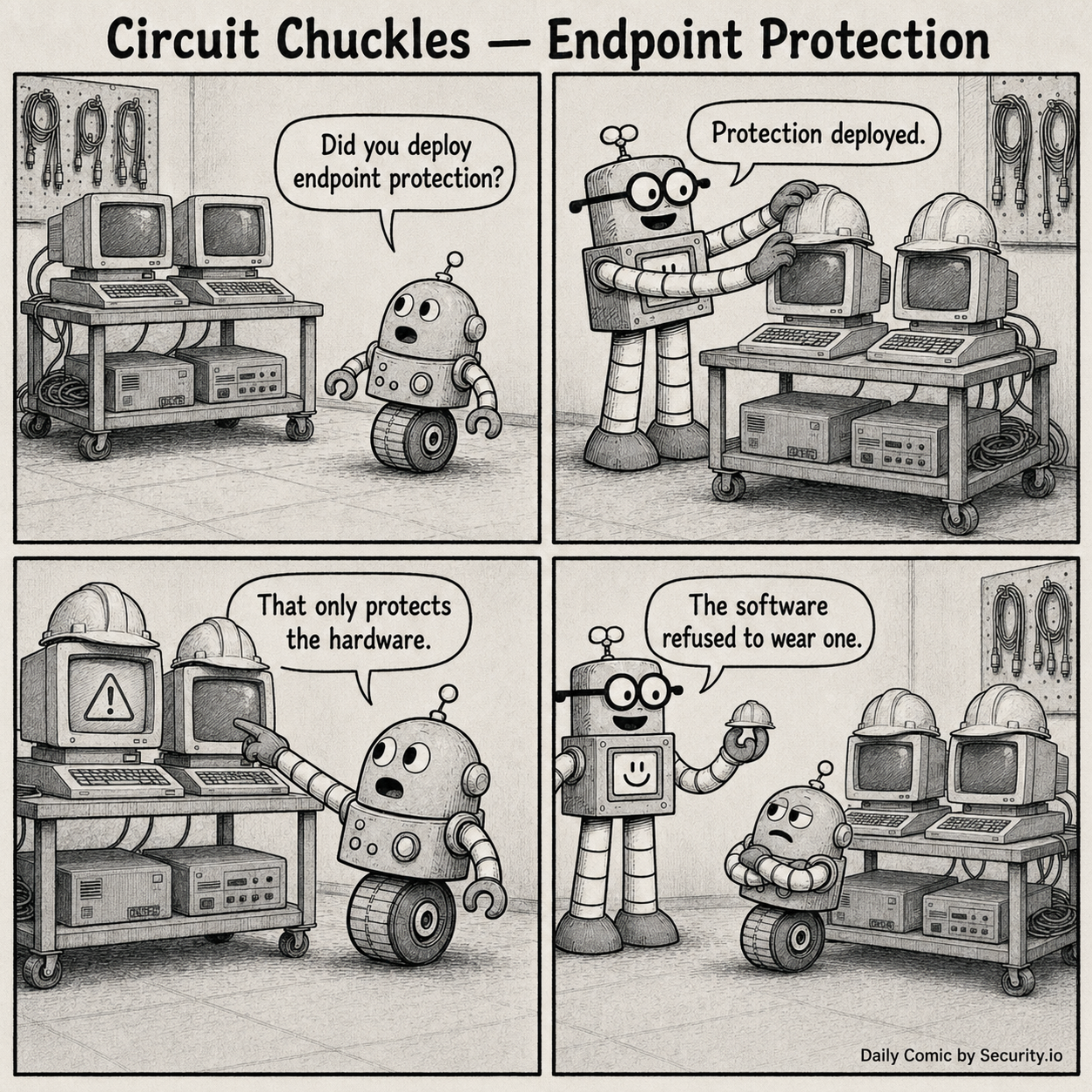 In a four-panel black-and-white newspaper comic, Glitch asks whether endpoint protection was deployed while Rusty places hard hats on CRT computers and later holds a tiny helmet for software.