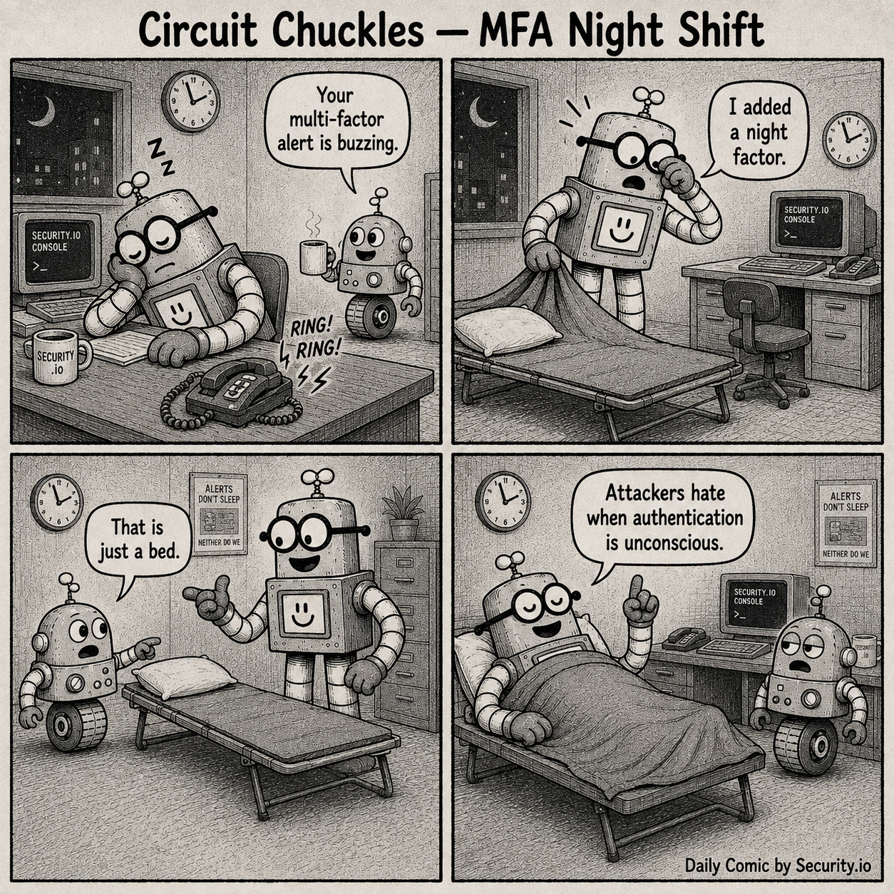 A four-panel black-and-white newspaper-style comic titled Circuit Chuckles — MFA Night Shift. In a retro night office, Glitch warns that a multi-factor alert is buzzing while sleepy Rusty sets up a cot and calls it a night factor.