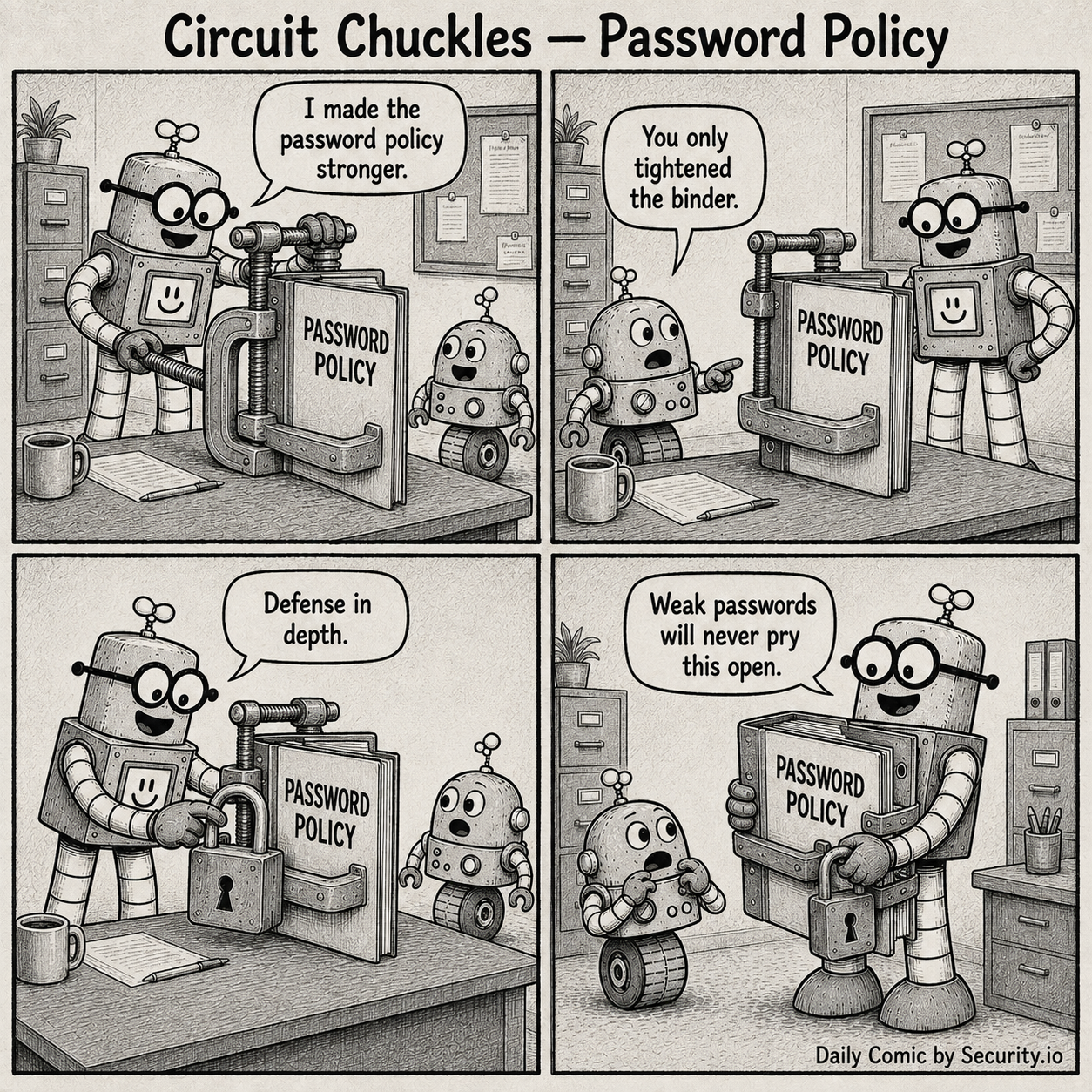 A four-panel black-and-white newspaper comic titled Circuit Chuckles — Password Policy. Rusty uses a giant clamp and padlock to make a password policy binder stronger while Glitch points out that only the binder got tighter.