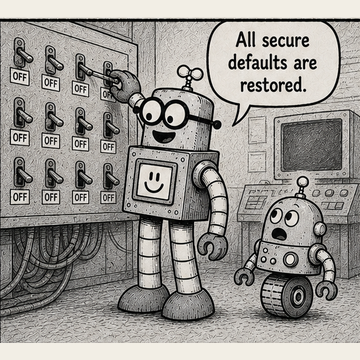 Panel 1 teaser from Circuit Chuckles — Secure Defaults, showing the opening setup and dialogue.