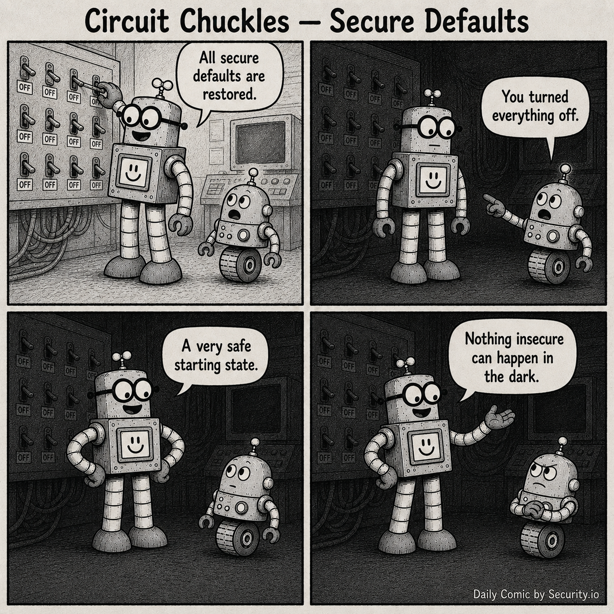 A four-panel black-and-white newspaper comic titled Circuit Chuckles — Secure Defaults. Rusty proudly sets a wall of switches to OFF, leaving the room dark while Glitch notes that everything has simply been turned off.