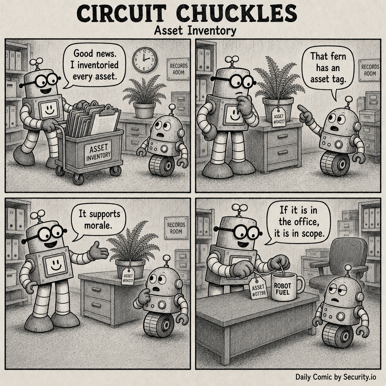 In a four-panel black-and-white newspaper comic, Rusty wheels an asset inventory cart through a records room, tags a fern and then a coffee mug while Glitch watches in disbelief.