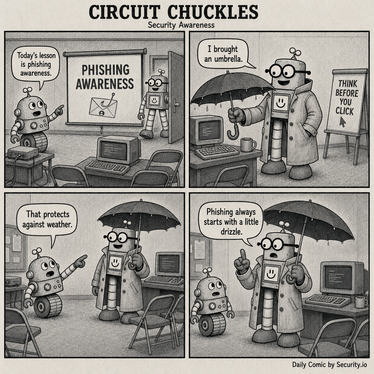 In a retro office classroom, Glitch leads a phishing-awareness lesson while Rusty arrives in a raincoat holding an umbrella and treats phishing like bad weather.
