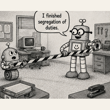 Panel 1 teaser from Circuit Chuckles — Segregation of Duties, showing the opening setup and dialogue.
