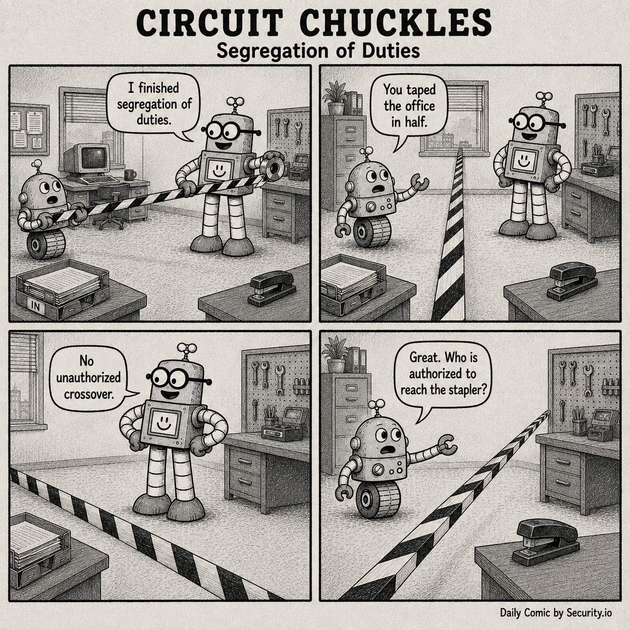 In a four-panel vintage office comic, Rusty stretches hazard tape across the room to divide work areas while Glitch points out the stapler is stranded on the wrong side.