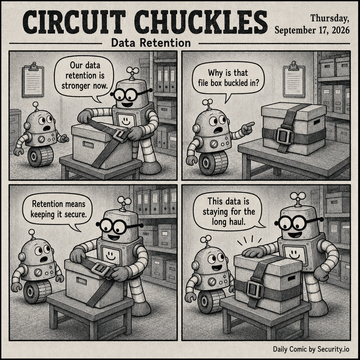 Rusty cinches a strap around a file box in a records room while Glitch asks why the data storage box is buckled to the table.
