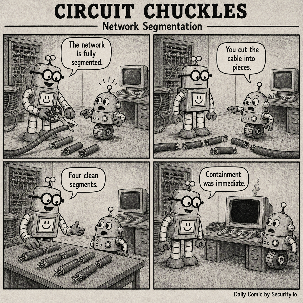In a retro network room, Rusty stands over freshly cut cables and presents them as successful network segmentation while Glitch watches the smoking computer.