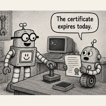 Panel 1 teaser from Circuit Chuckles — Certificate Renewal, showing the opening setup and dialogue.