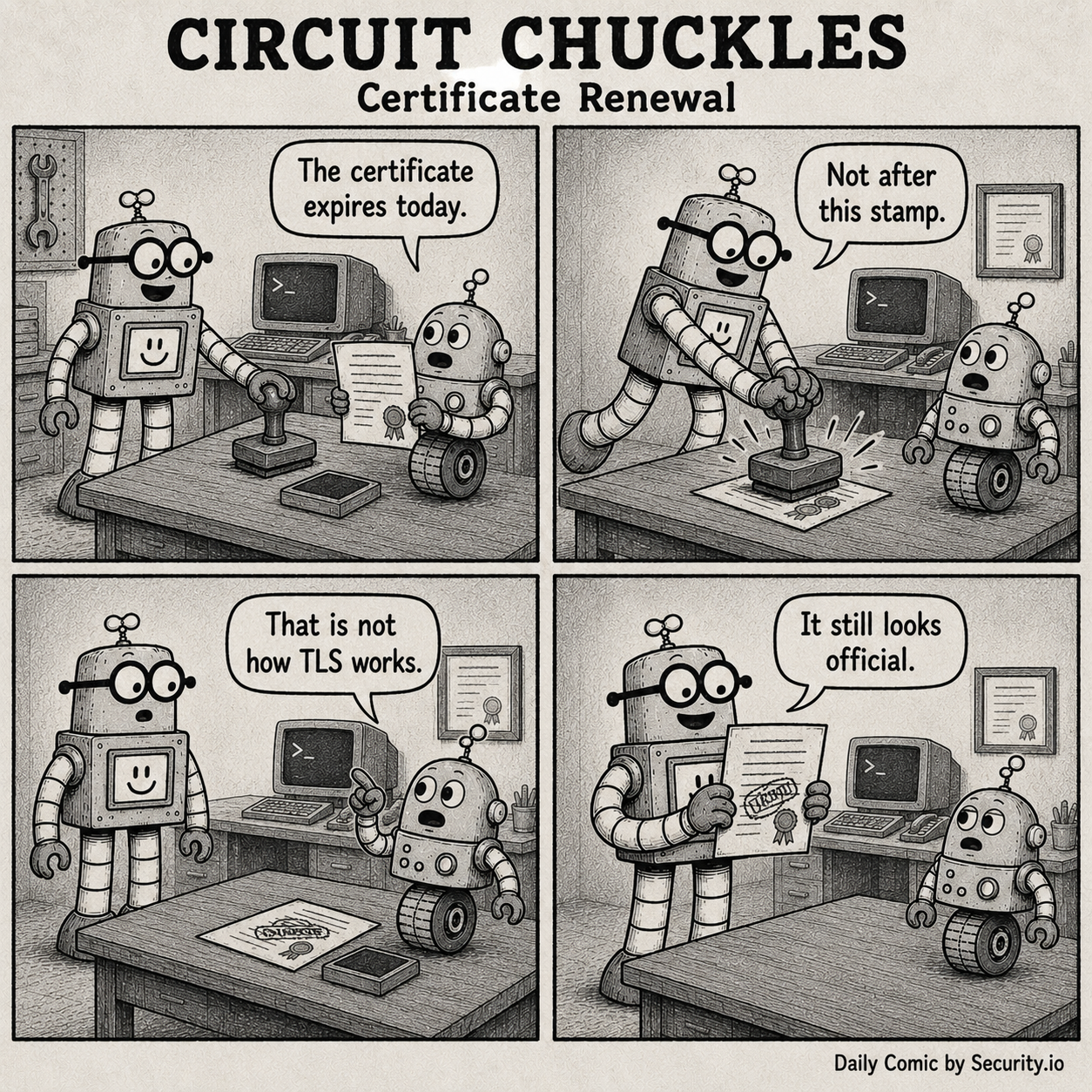 Glitch holds a paper certificate while Rusty gleefully renews it with a giant office stamp in a black-and-white retro security comic.