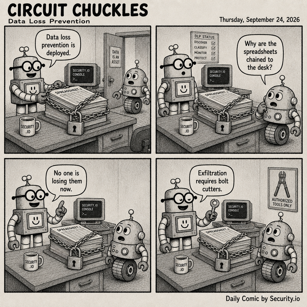 Rusty proudly chains a stack of spreadsheets to a desk under a DLP status board while Glitch wonders why the paperwork is padlocked in place.