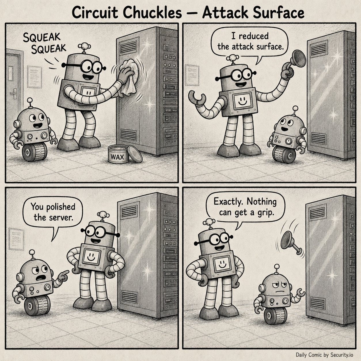 Rusty polishes a shiny server cabinet with wax while Glitch watches, and then demonstrates his literal interpretation of reducing the attack surface with a slipping suction cup.