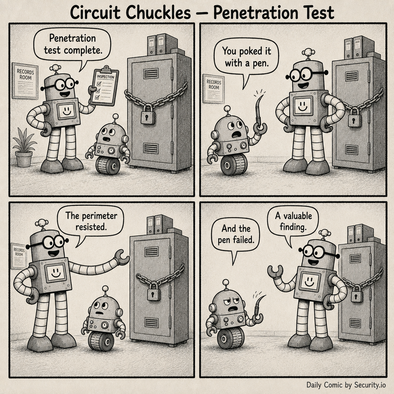 In a retro records room, Rusty holds an inspection clipboard beside a chained cabinet while Glitch points out that the so-called penetration test was just poking it with a bent pen.