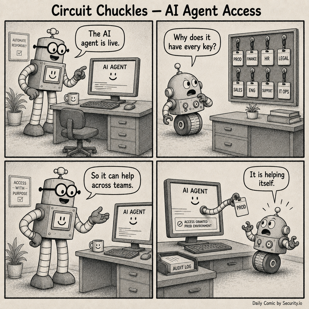 In a Circuit Chuckles comic, Rusty launches an AI agent with keys to every department and calls the excessive access cross-team enablement.