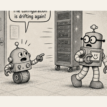 Panel 1 teaser from Circuit Chuckles — Configuration Drift, showing the opening setup and dialogue.