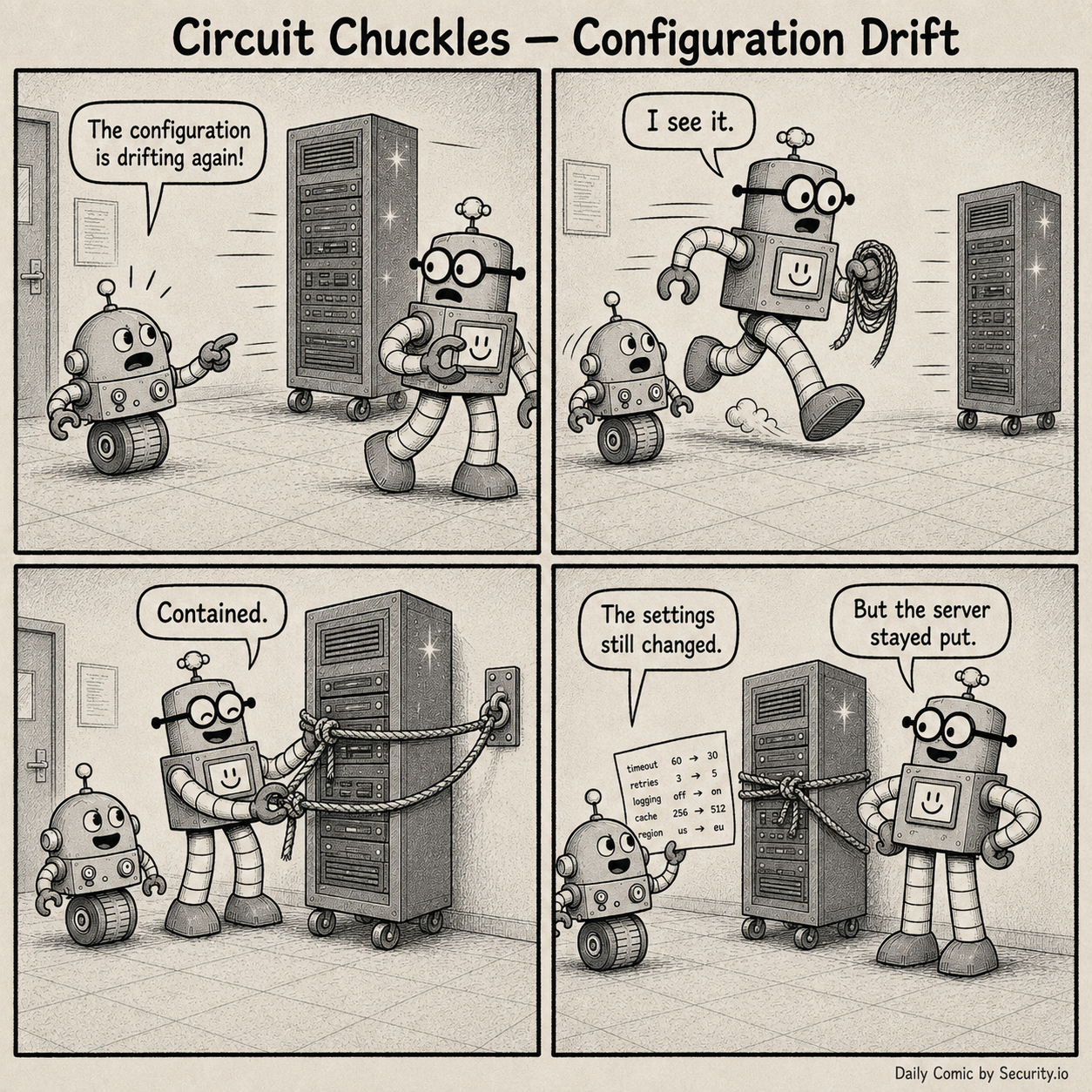 In a retro server room, a wheeled rack rolls across the floor until Rusty lassos it to a wall anchor while Glitch points out that the settings still drifted.