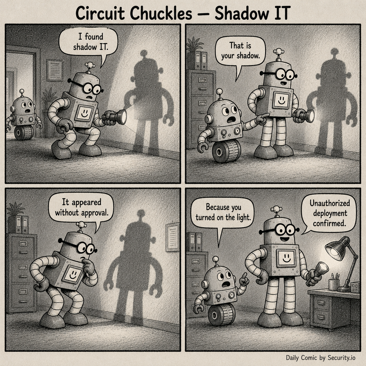 In a dim office, Rusty shines a flashlight at his own shadow while Glitch dryly explains that the so-called shadow IT is just Rusty blocking the light.