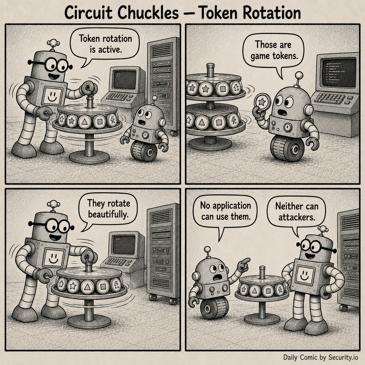 Rusty spins a stand full of game tokens in a server room and calls it token rotation while Glitch points out that the tokens are unusable.