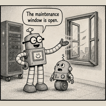 Panel 1 teaser from Circuit Chuckles — Maintenance Window: Panel 1 preview from Circuit Chuckles — Maintenance Window.