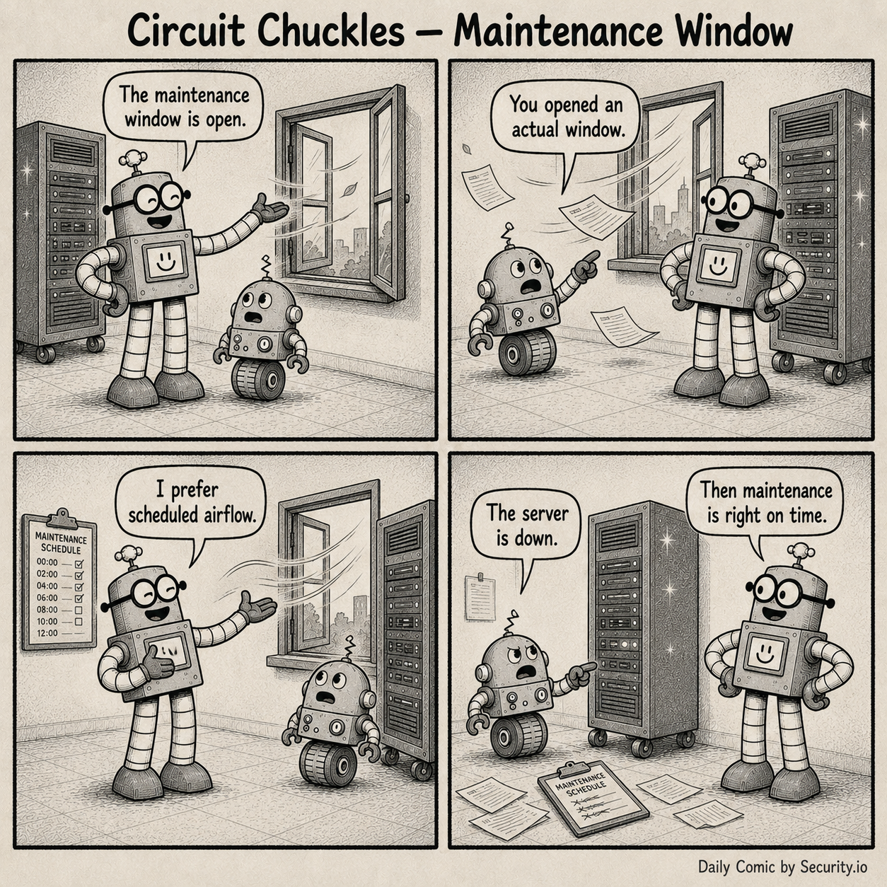 Rusty stands beside an open office window and server rack while Glitch points out that Rusty has interpreted a maintenance window as an actual window.