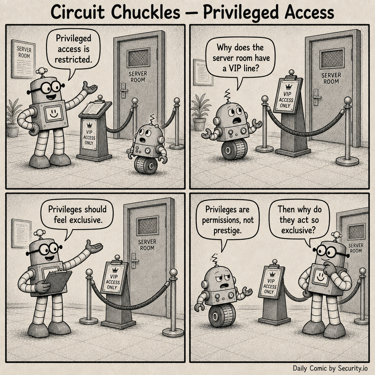 Rusty presents a velvet-rope VIP entrance to a server room as privileged access while Glitch questions why permissions are being treated like prestige.