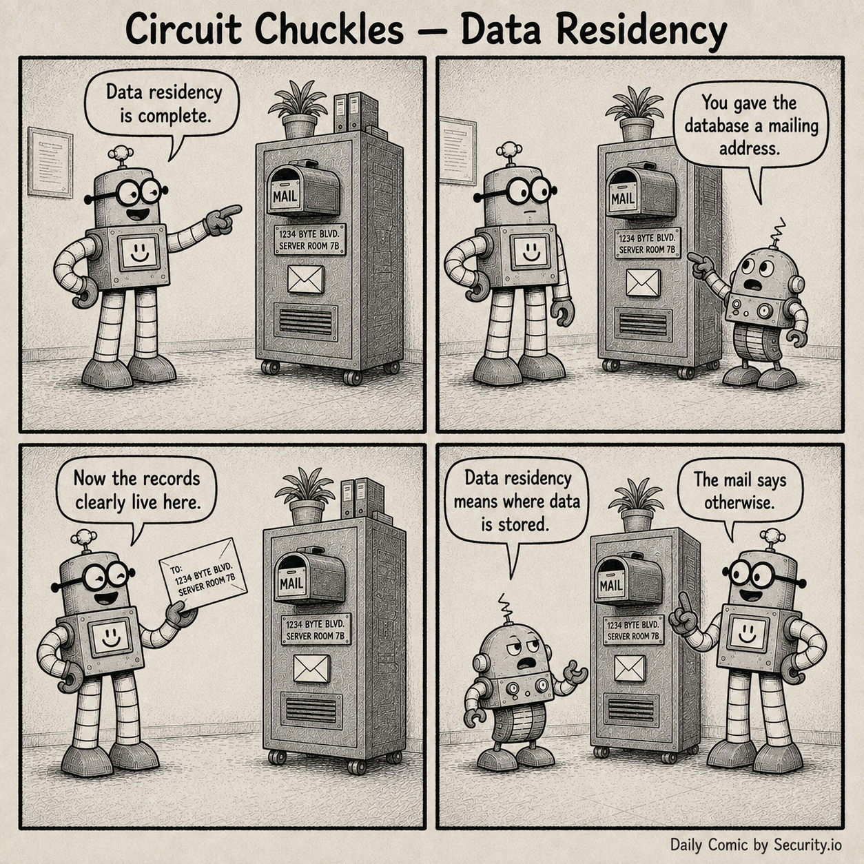 Rusty mounts a mailbox and street address on a server cabinet and claims data residency is complete while Glitch explains that data residency concerns where data is stored.