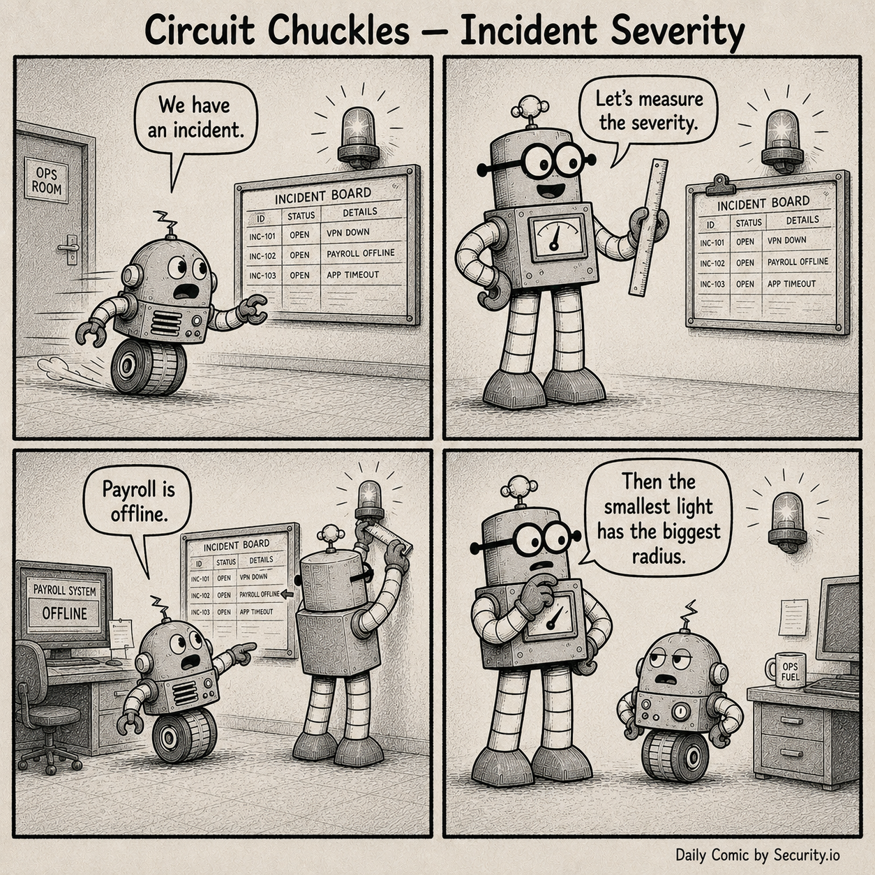 In a retro operations room, Glitch reports an incident while Rusty uses measuring tools beside an incident board and reasons about severity literally.