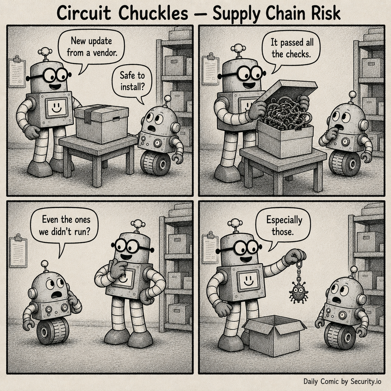 Rusty and Glitch inspect a vendor update box in a retro office; Rusty declares it safe because it passed every check while Glitch questions the checks that were never run.