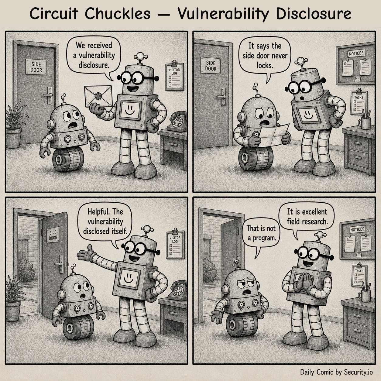 Rusty and Glitch read a vulnerability disclosure beside an unlocked office side door, which Rusty presents as excellent field research.