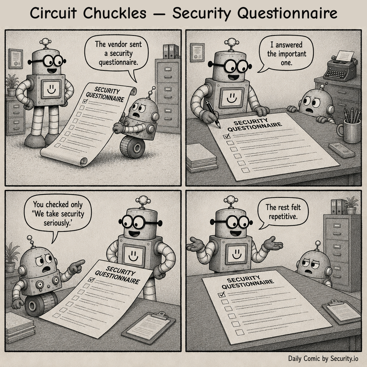 Glitch holds an oversized security questionnaire while Rusty checks only the statement that the company takes security seriously and ignores the remaining questions.